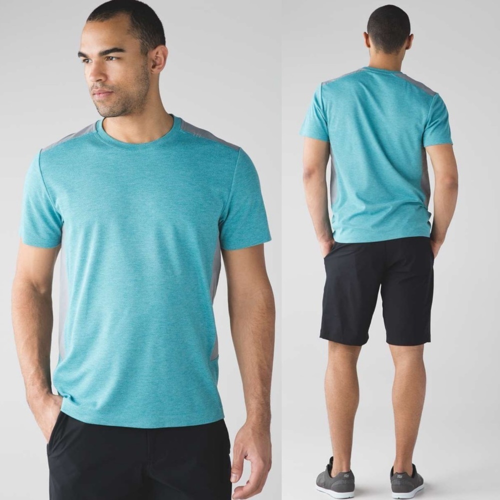 Lululemon Peninsula Short Sleeve T-Shirt Blue Grey Anti Stink Running Fitness 3D